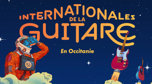 Affiche des Internationales de la guitare, représentant un cosmonaute assistant au décollage d'une guitare