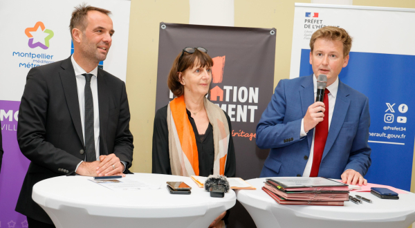 Michaël Delafosse, maire de Montpellier, Sylvie Chamvoux (Fondation pour le Logement) et le préfet François-Xavier Lauch