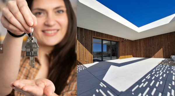 Montage photo une propriétaire tient les clés de son logement BRS