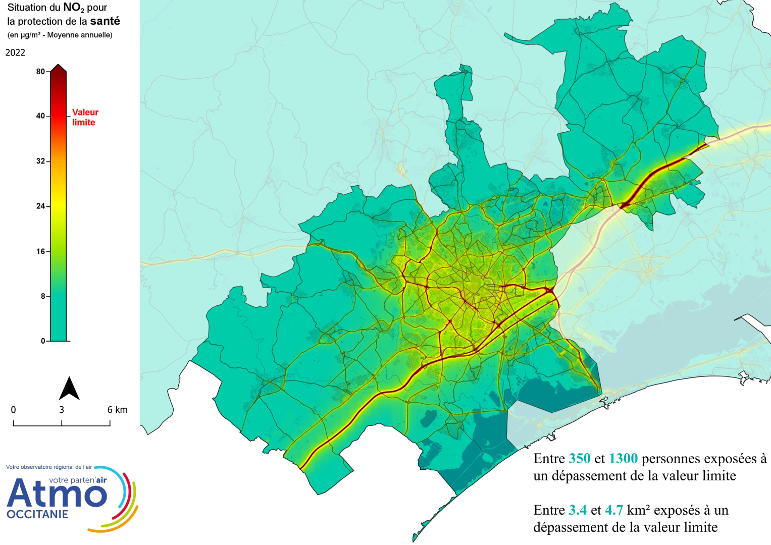Carte des émissions de dioxyde d'azote dans la métropole