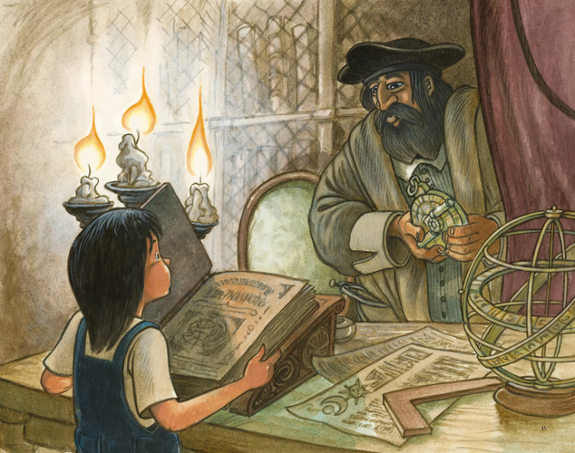 illustration de l'ouvrage Mina et le sceau du temps, une petite fille lit un livre et voit apparaître un personnage historique