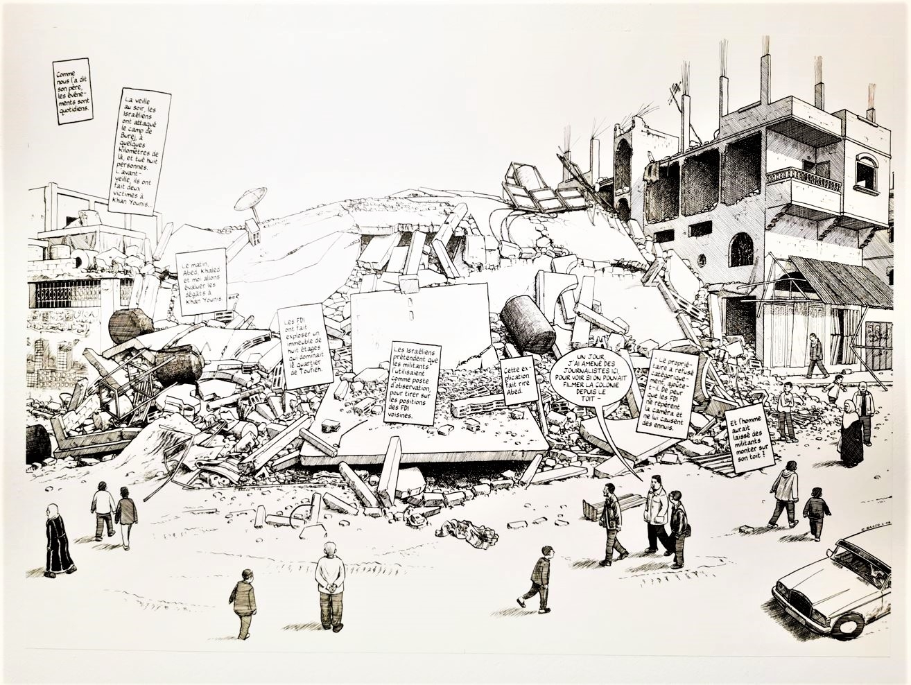 Page de l'album Gaza 56 de Joe Sacco, où l'on voit une ville détruite par un bombardement et les passants commenter l'amas de ruines.