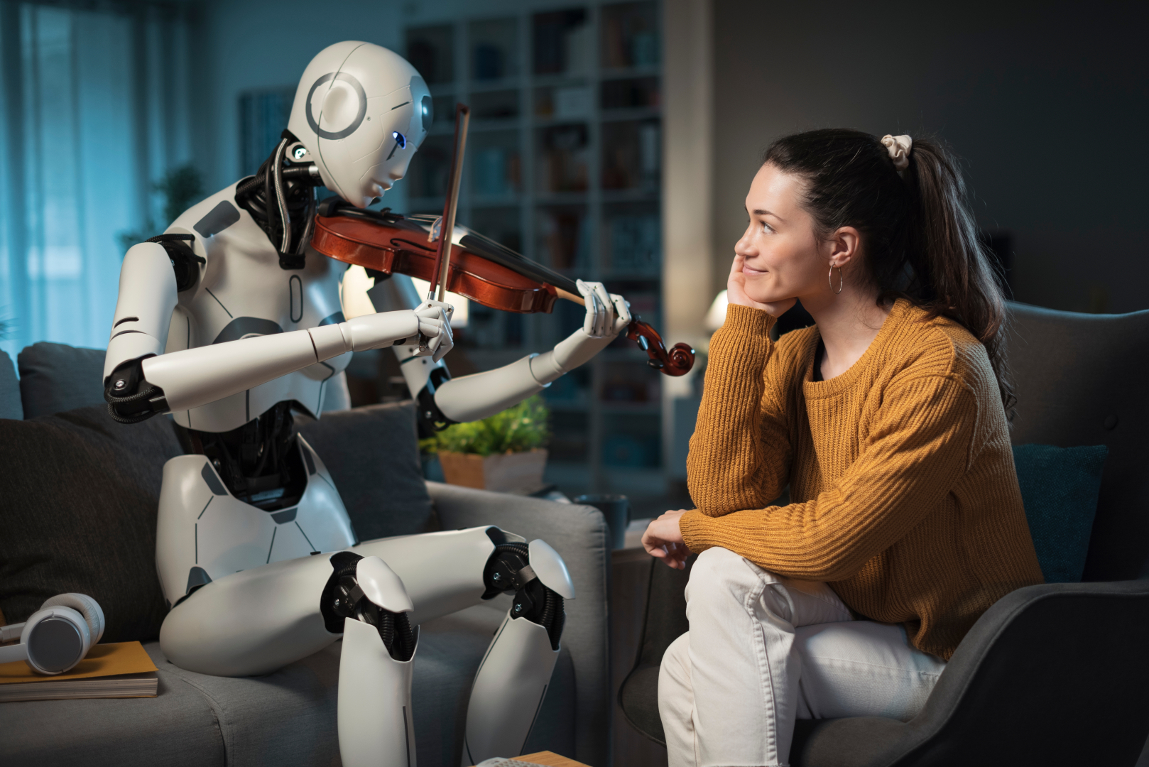 Jeune fille écoutant un robot jouer du violon