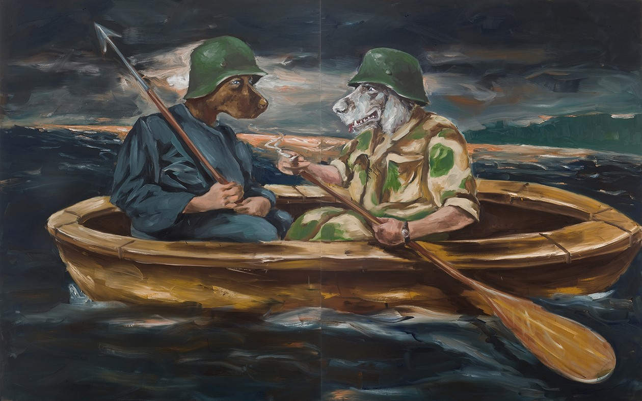 Peinture de G. Forstner montrant deux chiens portant un casque allemand, dans une barque. 