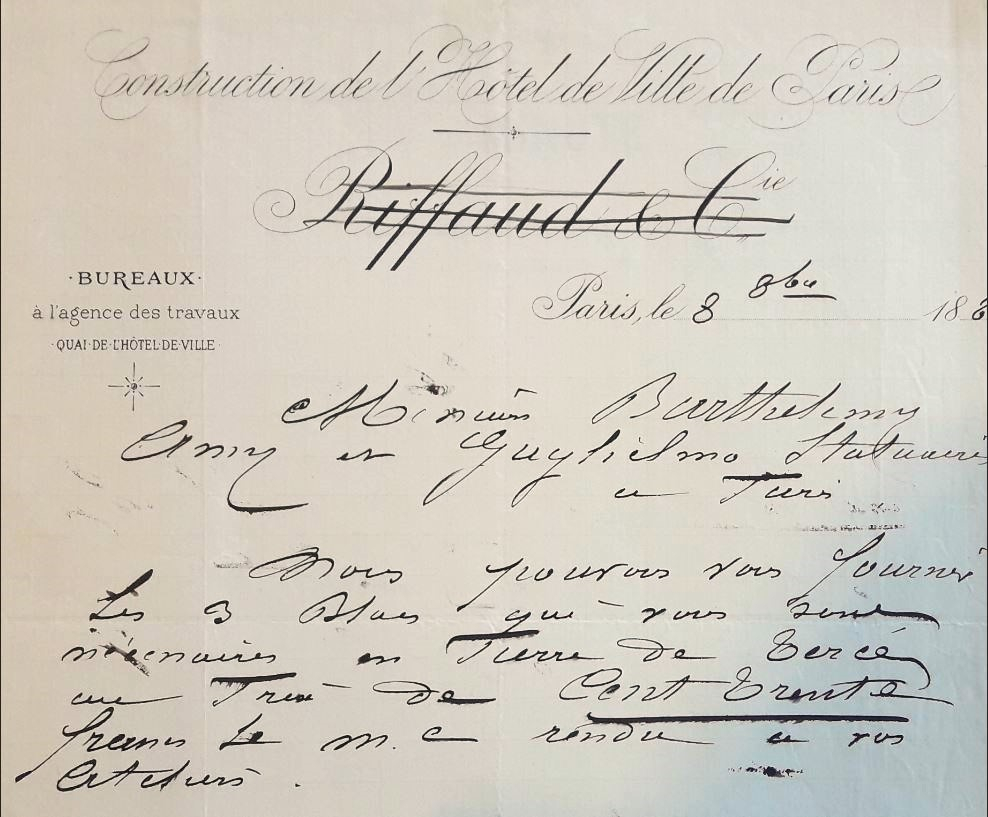 Courrier du 8 octobre 1880 sur papier à entête de l'entreprise constructrice de l'hôtel de Ville de Paris