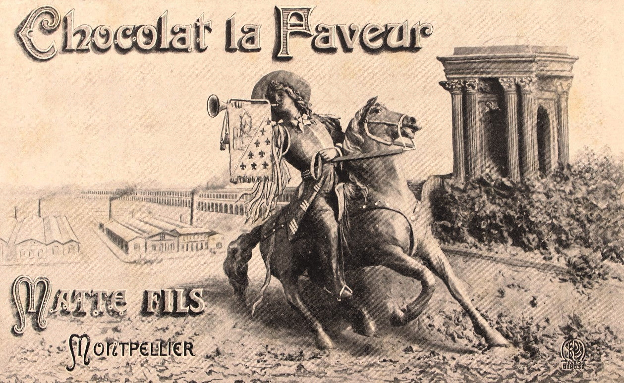 Affiche du chocolat Matte la Faveur, représentant un cavalier sur fond de Peyrou et Arceaux
