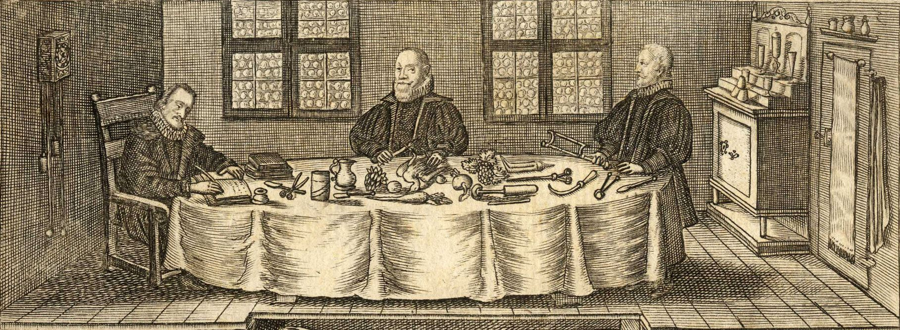 Gravure représentant un repas à table, avec deux hommes en pourpoint, assis.