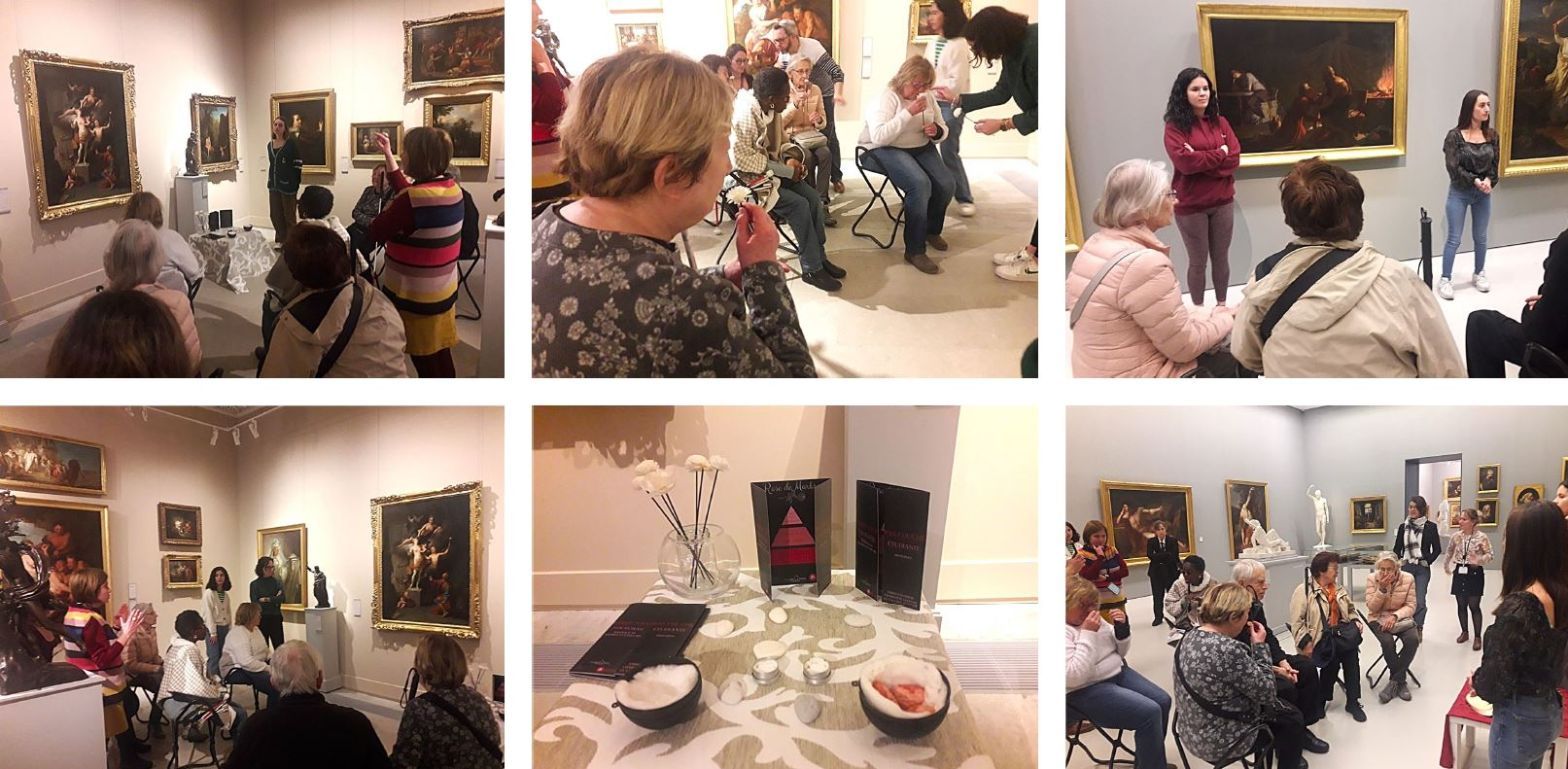 Série d'images retraçant le parcours de la visite mêlant parfums et tableaux au musée Fabre