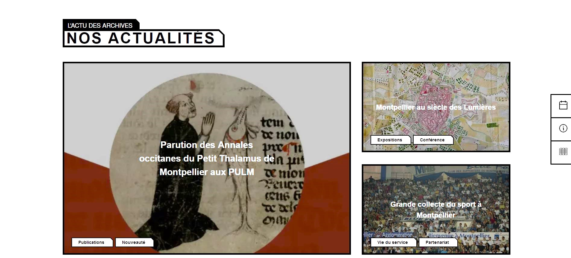 Vue de la rubrique "Actualités" sur le nouveau site des Archives de Montpellier