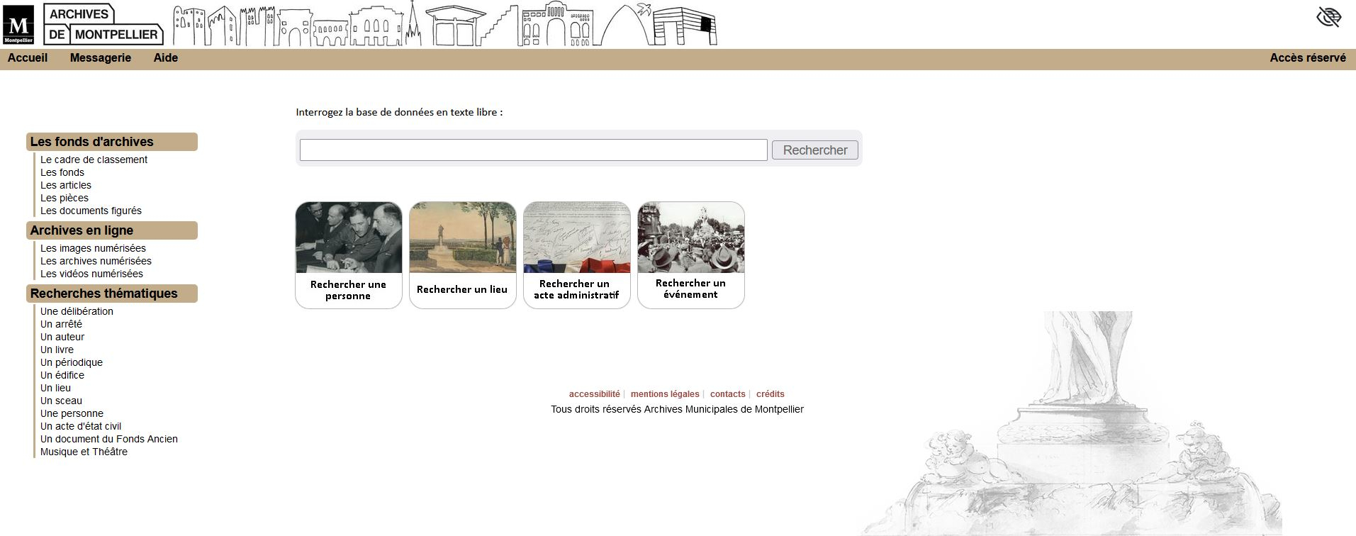 Vue de la rubrique "base de données" sur le nouveau site des Archives de Montpellier