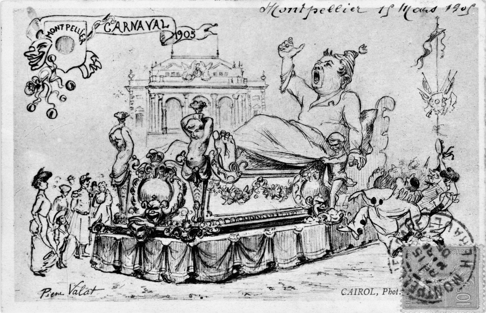 Le bonhomme Carnaval, en 1905, représenté ici par Pierre Valat, devant l'Opéra Comédie