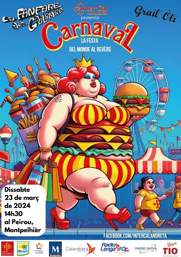 Affiche carnaval occitan 2024, une grosse femme en habits colorés et vendant des hamburgers et des sucreries