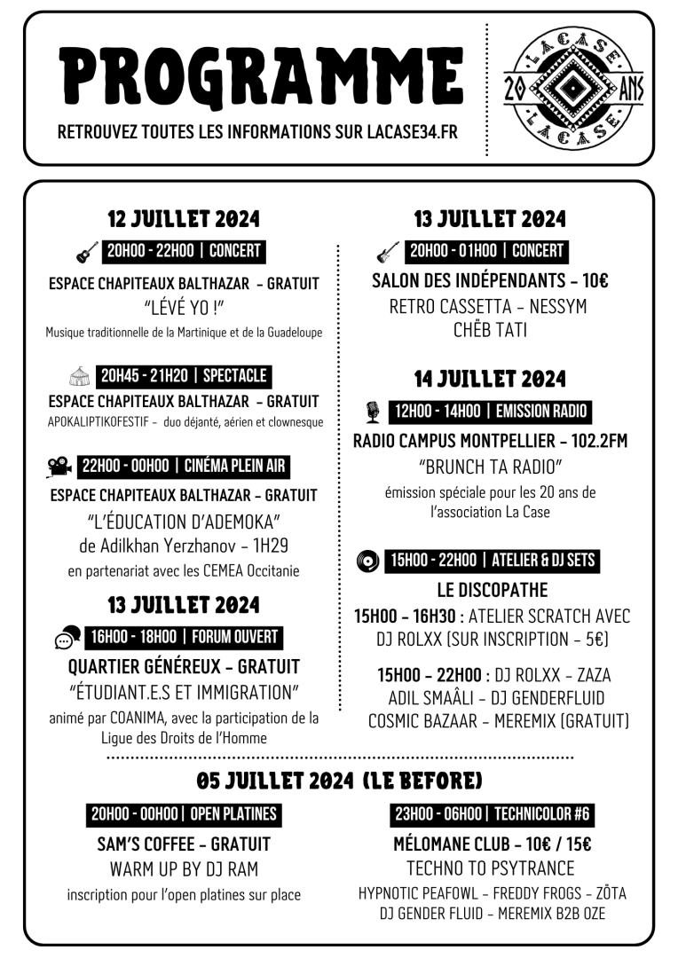 Programme des 20 ans de la Case34