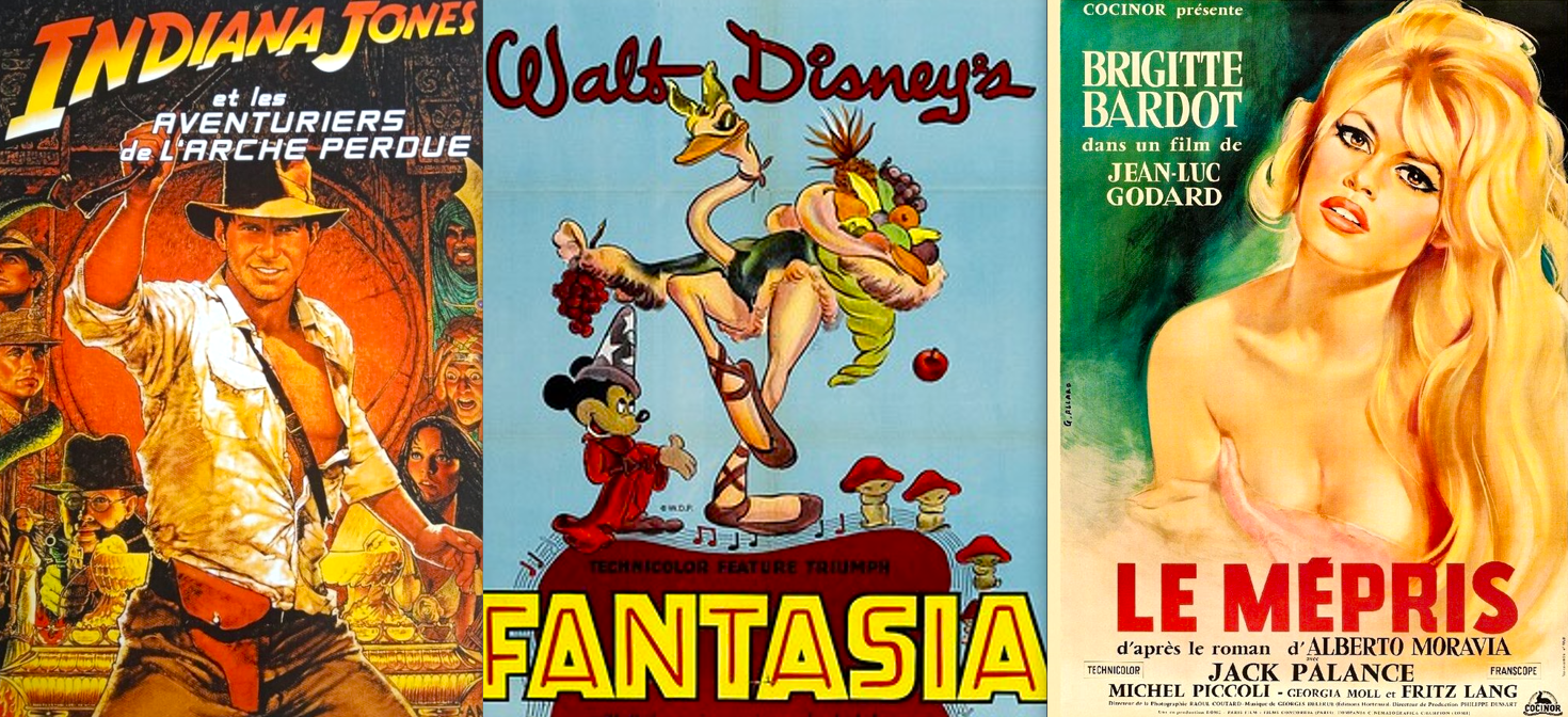 Trois images de films : Indiana Jones, Fantasia et le Mépris