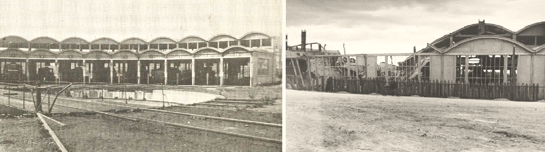 Dépôt des locomotives d'Arène avant et après le bombardement