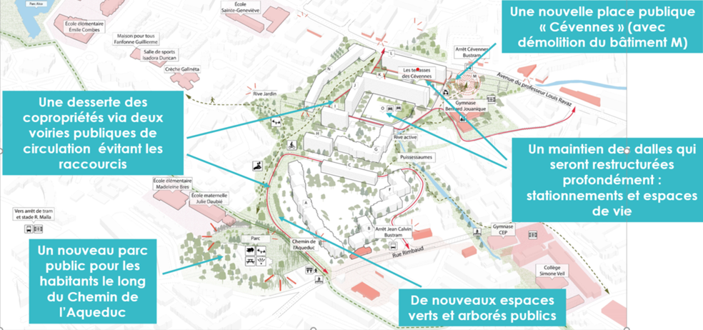 carte des Cévennes avec les projets de renouvellement urbain 