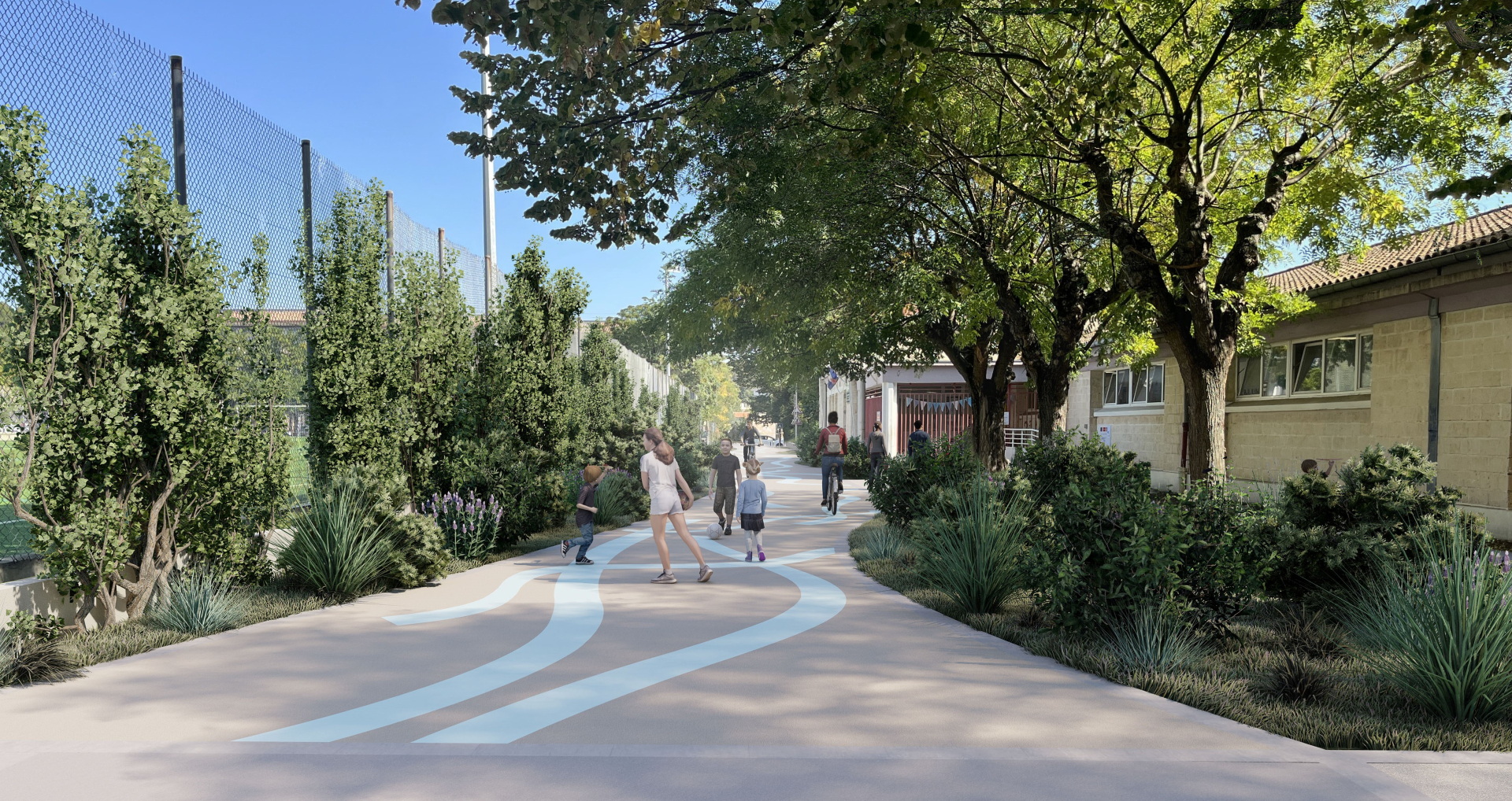 Perspective de la rue des Coronilles (écoles Paul Langevin et Goethe), avec le futur parvis élargi et végétalisé