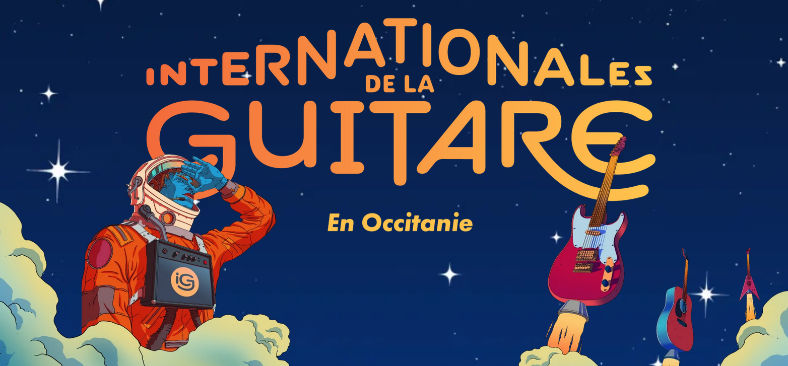 Affiche des Internationales de la guitare, représentant un cosmonaute assistant au décollage d'une guitare