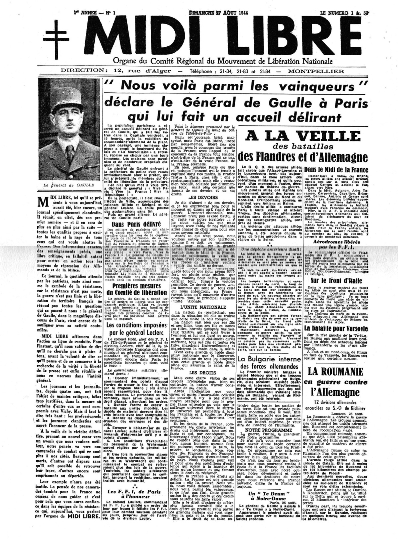 Une du Midi Libre du 27 août 1944