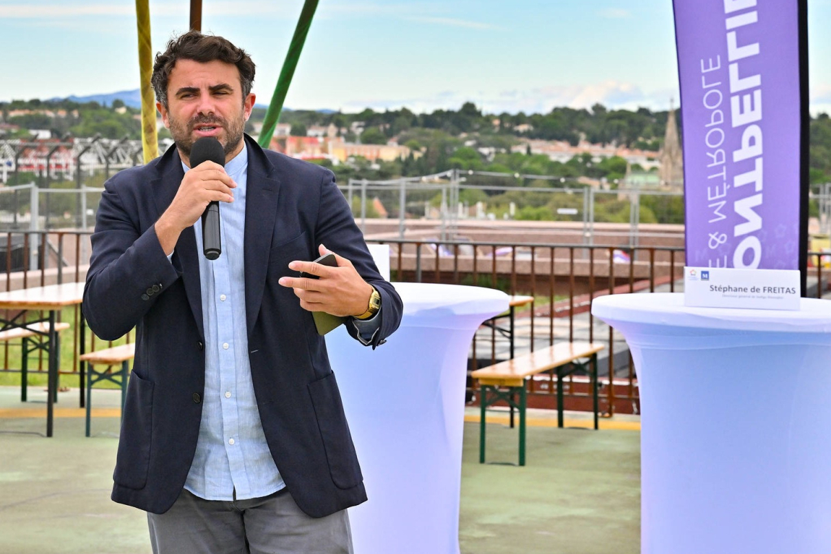 Stéphane de Freitas, fondateur d’Indigo Réemploi, lors du lancement de la plateforme de la Métropole sur le toit du Corum