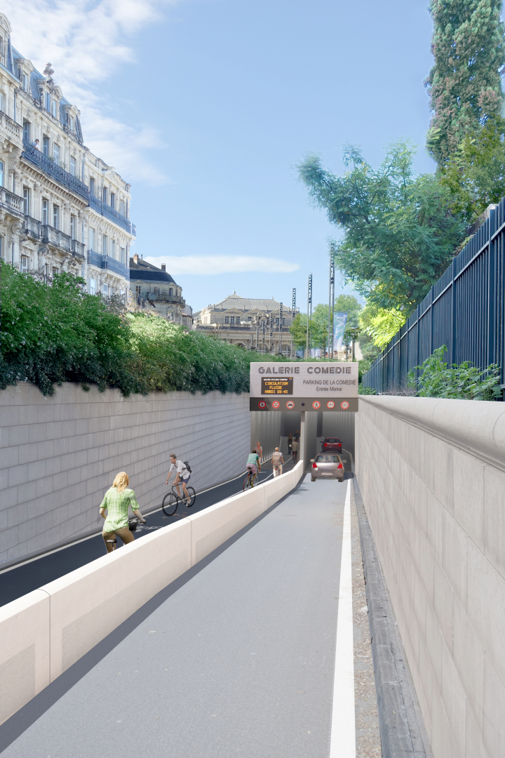 Perspective d'architecte de la galerie cyclable et de l'accès au parking au niveau de l'entrée Mistral