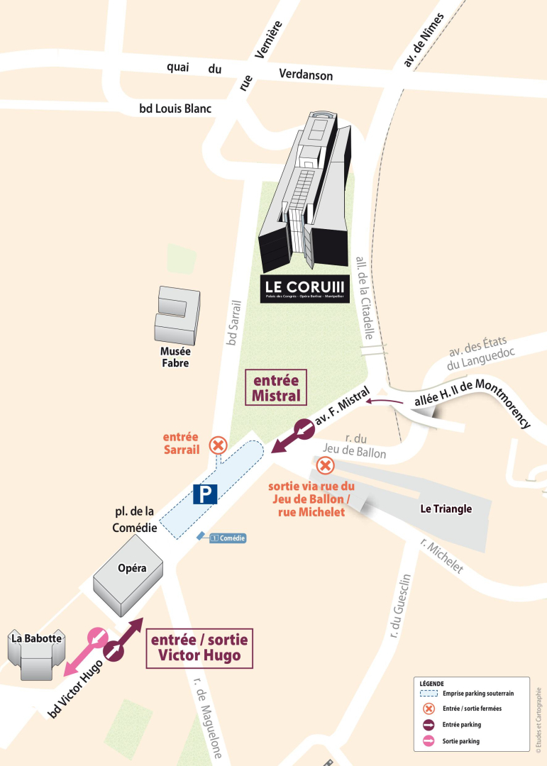 carte avec accès parking Comédie entre novembre 2024 et la rentrée 2025