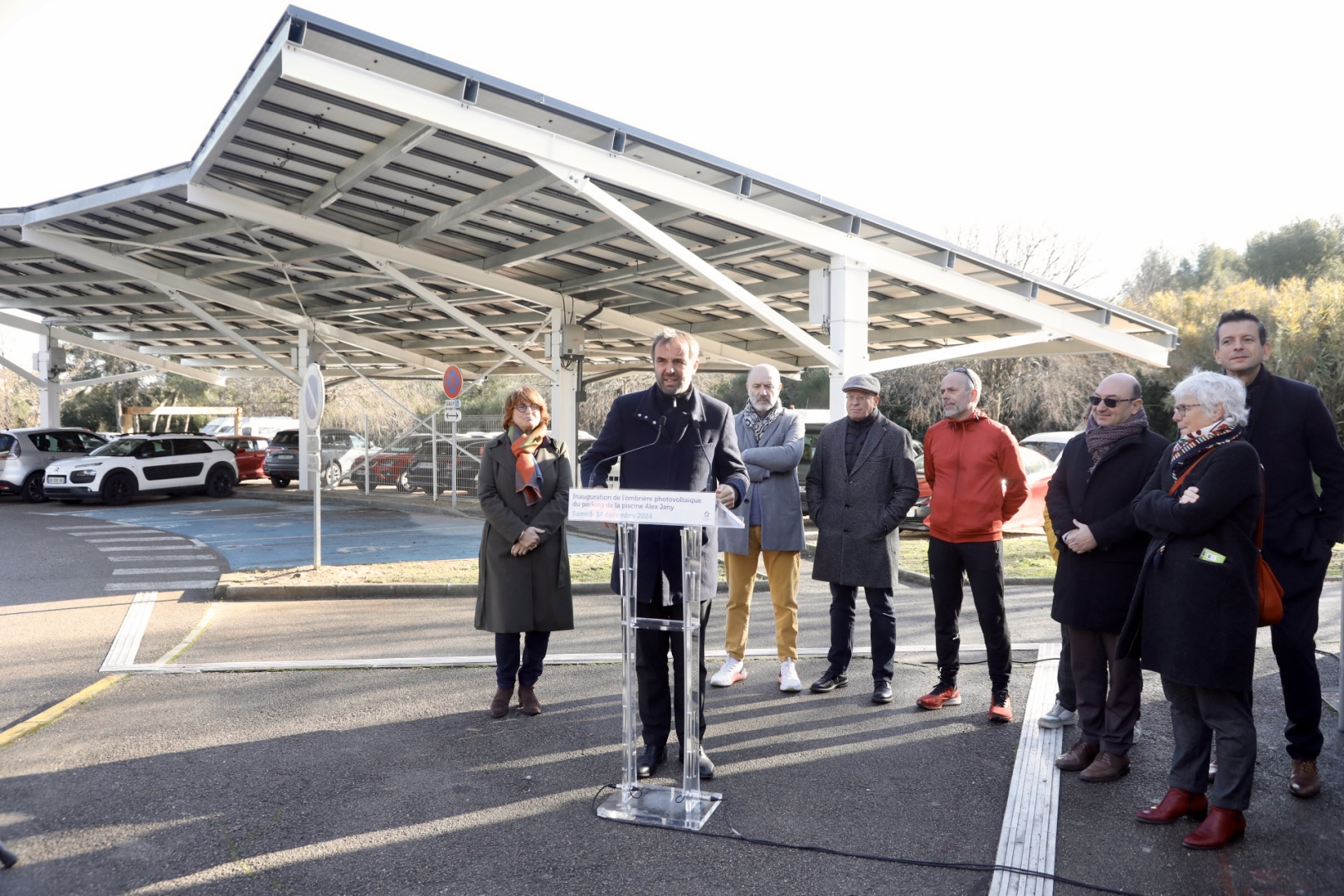 Cérémonie inauguration ombrière photovoltaïque parking piscine de Jacou 