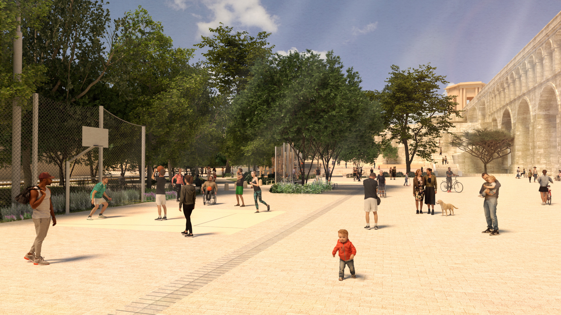 Un espace central pavé et ludique, entouré de végétation 