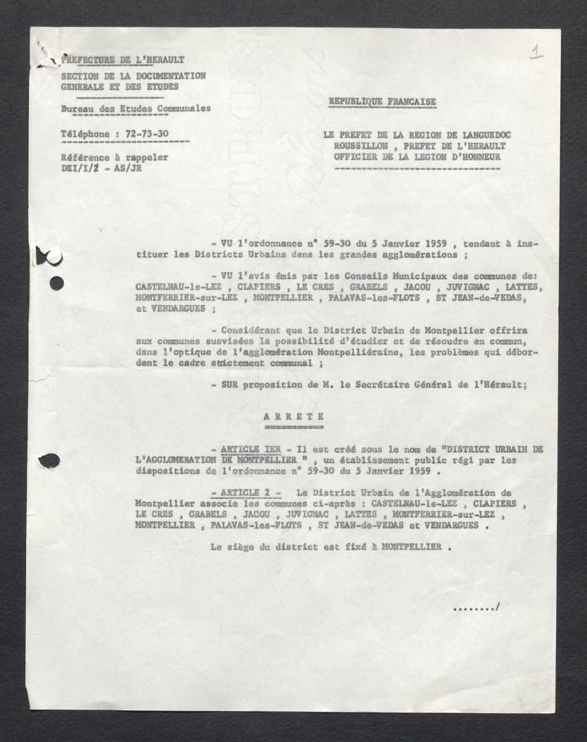 arrêté préfectoral de janvier 1965 actant la création du District Urbain de Montpellier
