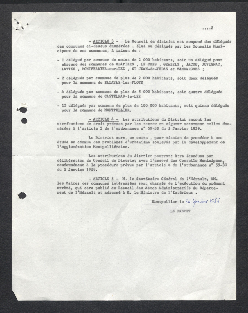 arrêté préfectoral de janvier 1965 actant la création du District Urbain de Montpellier (page 2)