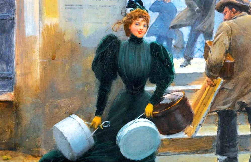 Détail de tableau représentant une Grisette portant des cartons à chapeaux 