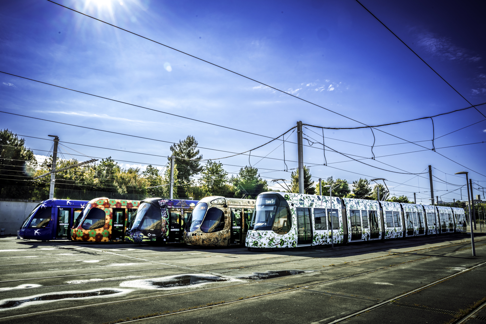 Les cinq lignes de tramway alignées au dépôt des Hirondelles