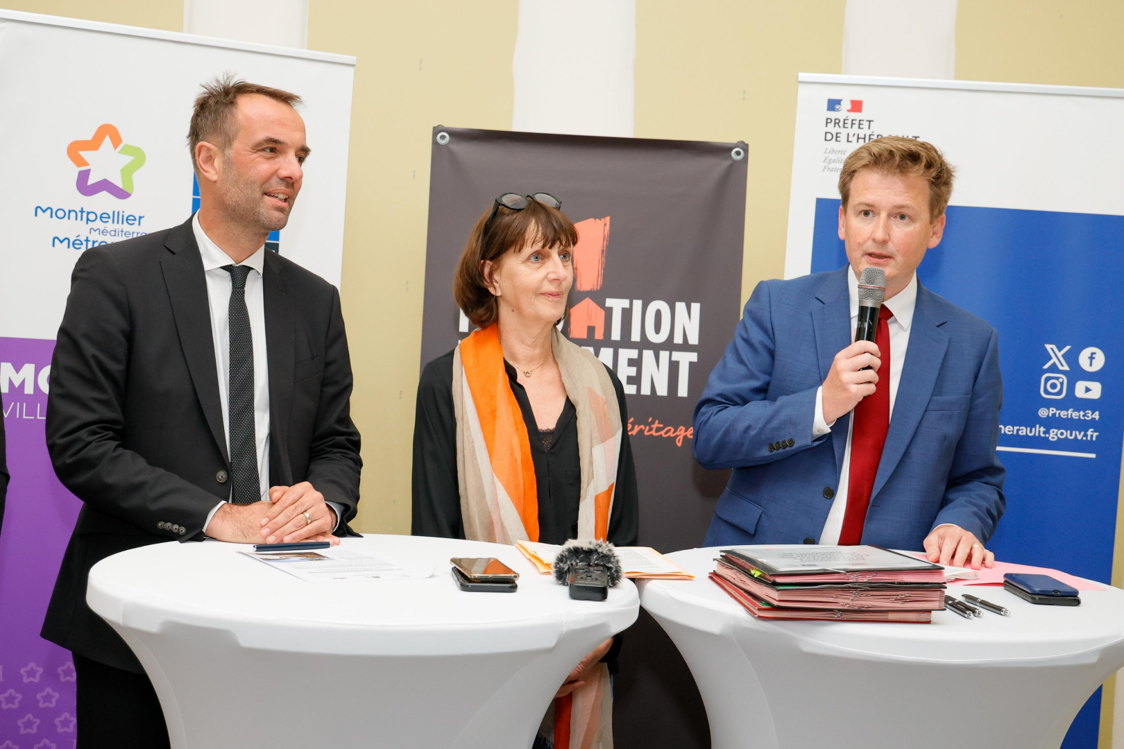Michaël Delafosse, maire de Montpellier, Sylvie Chamvoux (Fondation pour le Logement) et le préfet François-Xavier Lauch