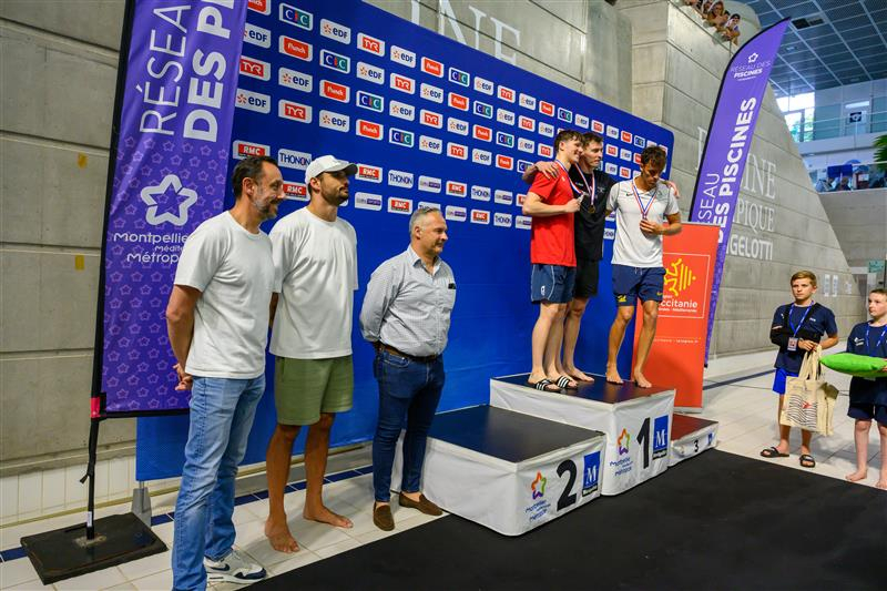Christian Assaf Laurent Manoudou podium du 100m nage libre avec Maxime Grousset sponsors