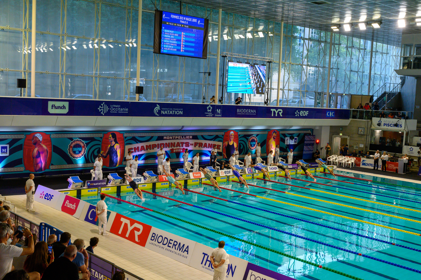 piscine olympique nageurs juges écran géant panneaux sponsors 