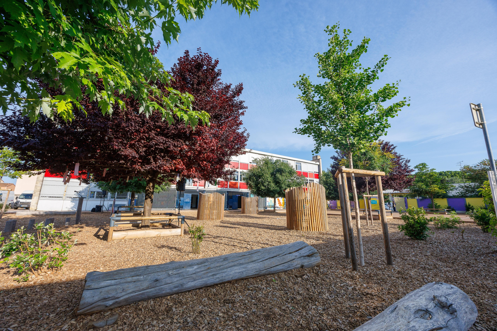 cour végétalisée arbres jeux cabanes en bois