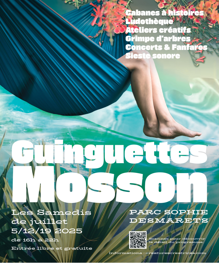 affiche des Guinguettes Mosson avec jambes qui pendent d'un hamac et textes informatifs