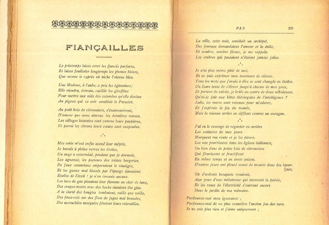 Extrait du poème "Fiançailles" de Guillaume Apollinaire publié dans PAN