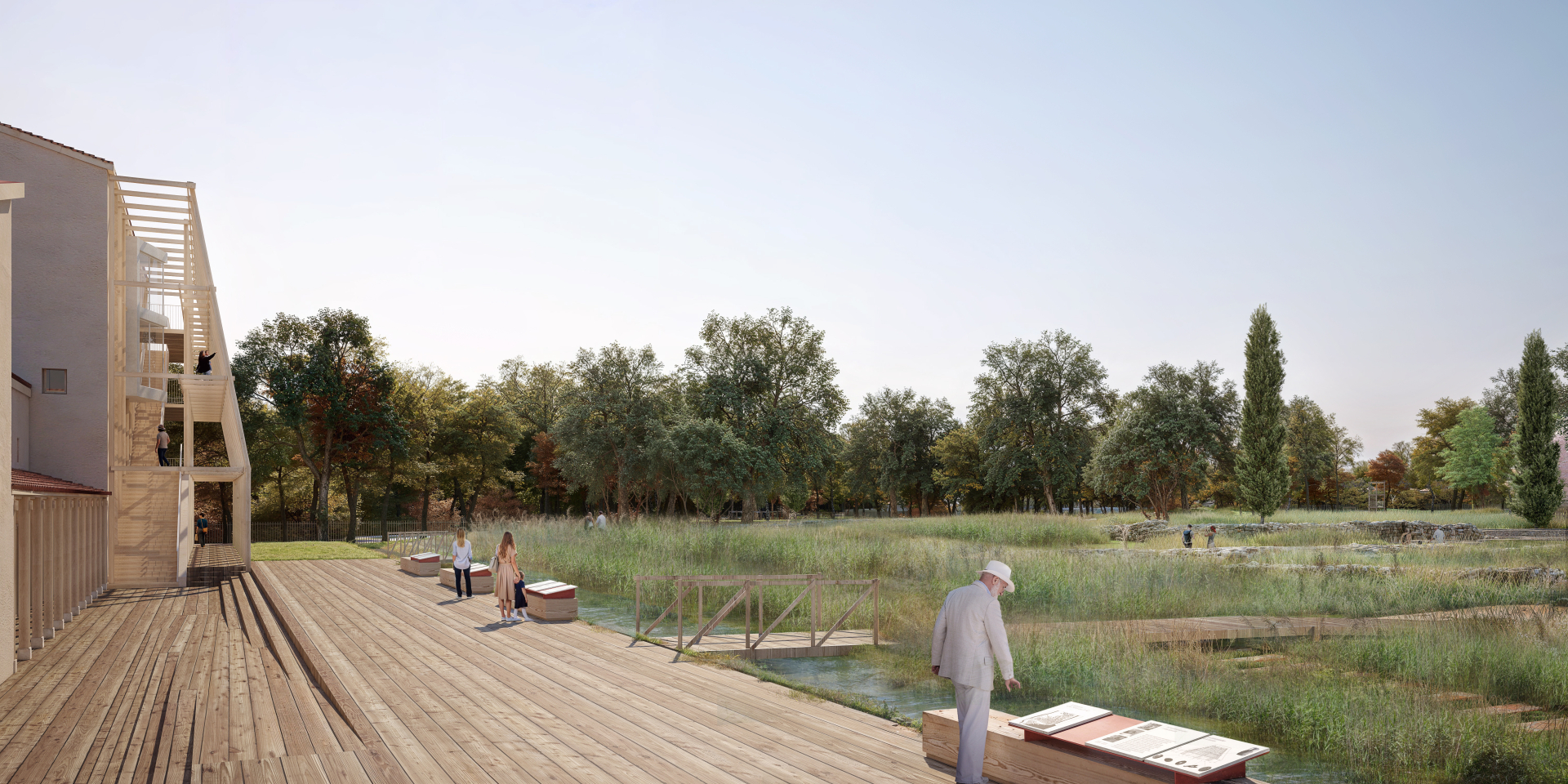 perspective d'architecte côté site archéologique en surface avec aménagements prévus 