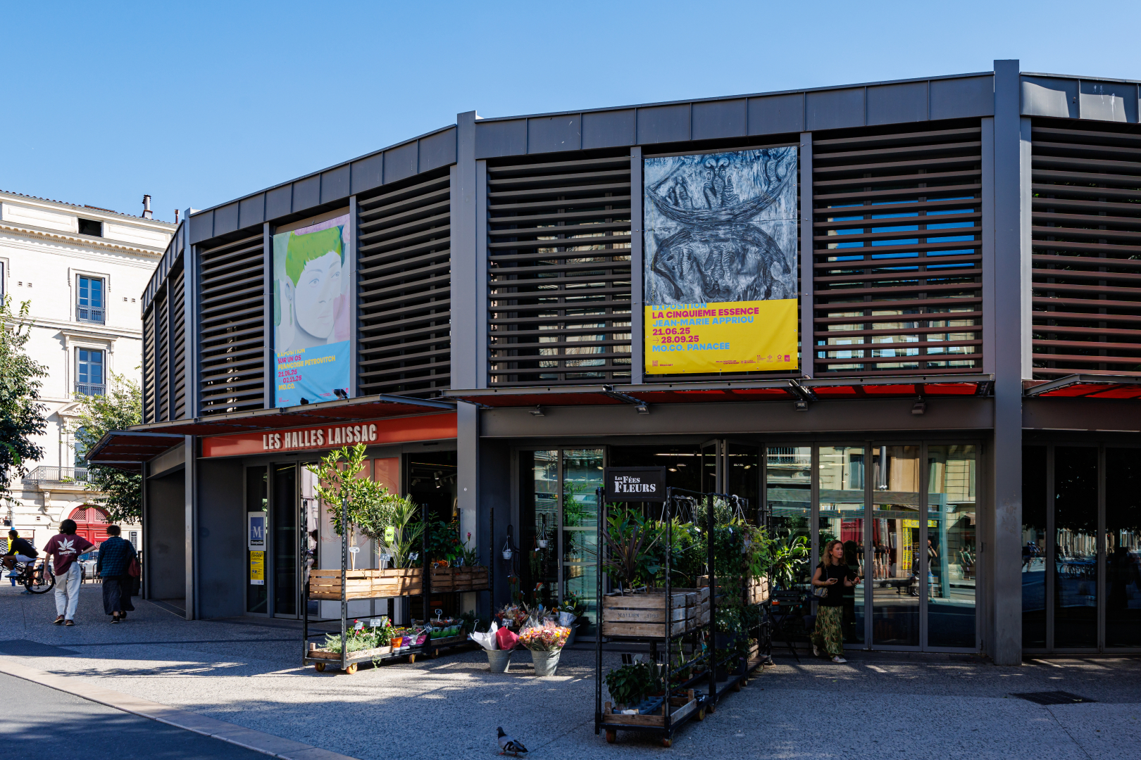 Halles Laissac affiches des festivals plantes commerces ciel bleu 