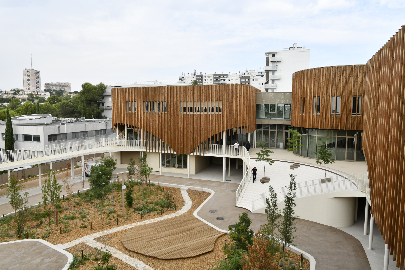 cour végétalisée gradins coursives bâtiments bardage bois arbres 