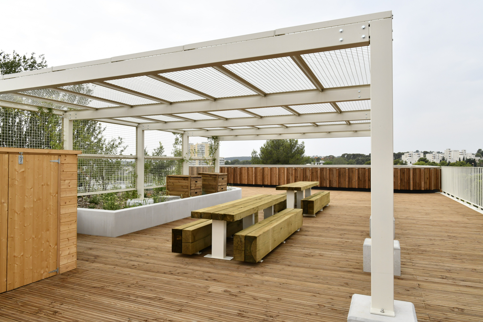 toit aménagé bois banc pergola végétation 