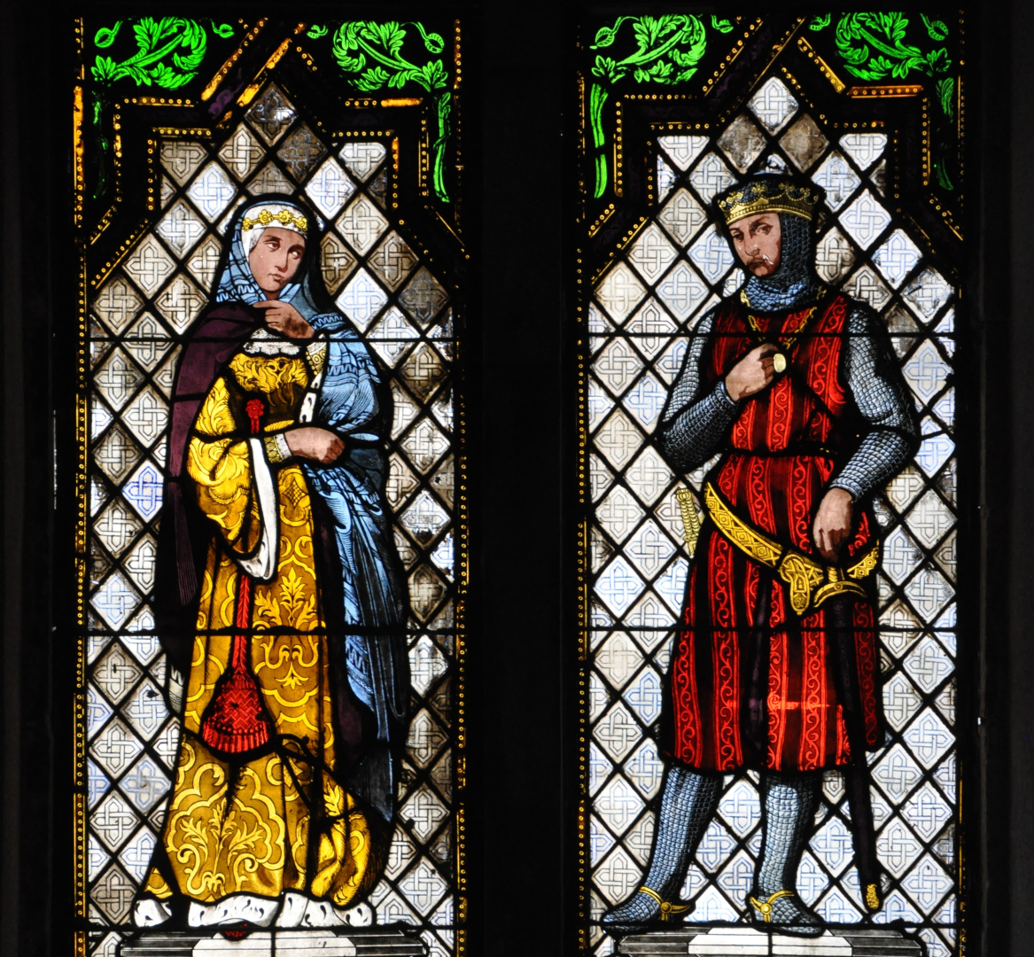 Vitrall: Pere el Catòlic i Maria de Montpeller, obra de Georg Muller (1858) sobre disseny de Josep Mirabent
