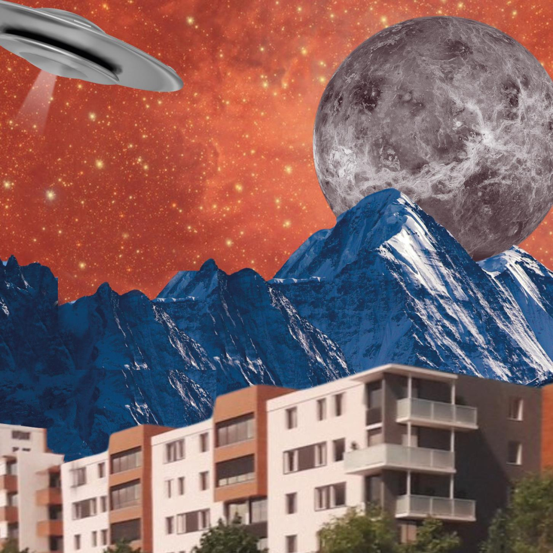 Affiche avec résidence des Gémeaux montagne ciel lune ovni