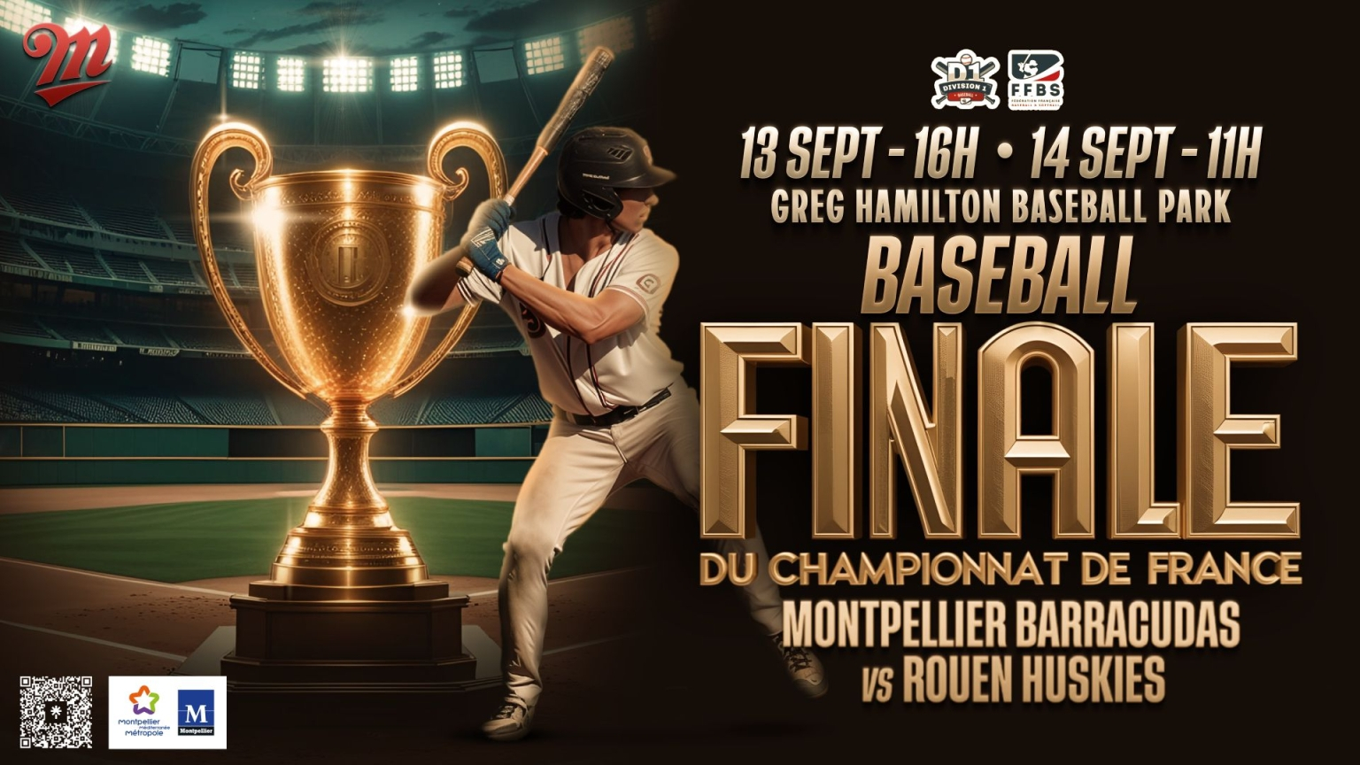 Affiche de la finale avec trophée joueur de baseball dates lieux