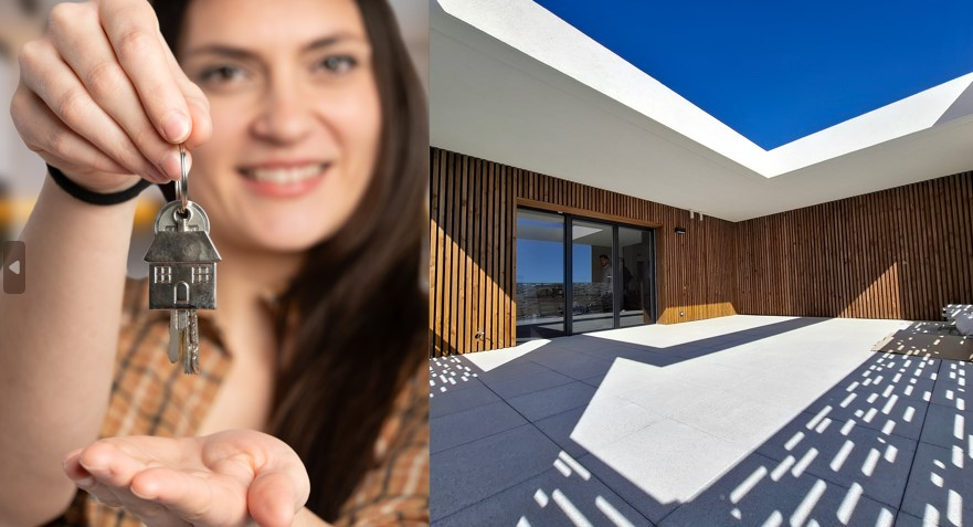 Montage photo une propriétaire tient les clés de son logement BRS