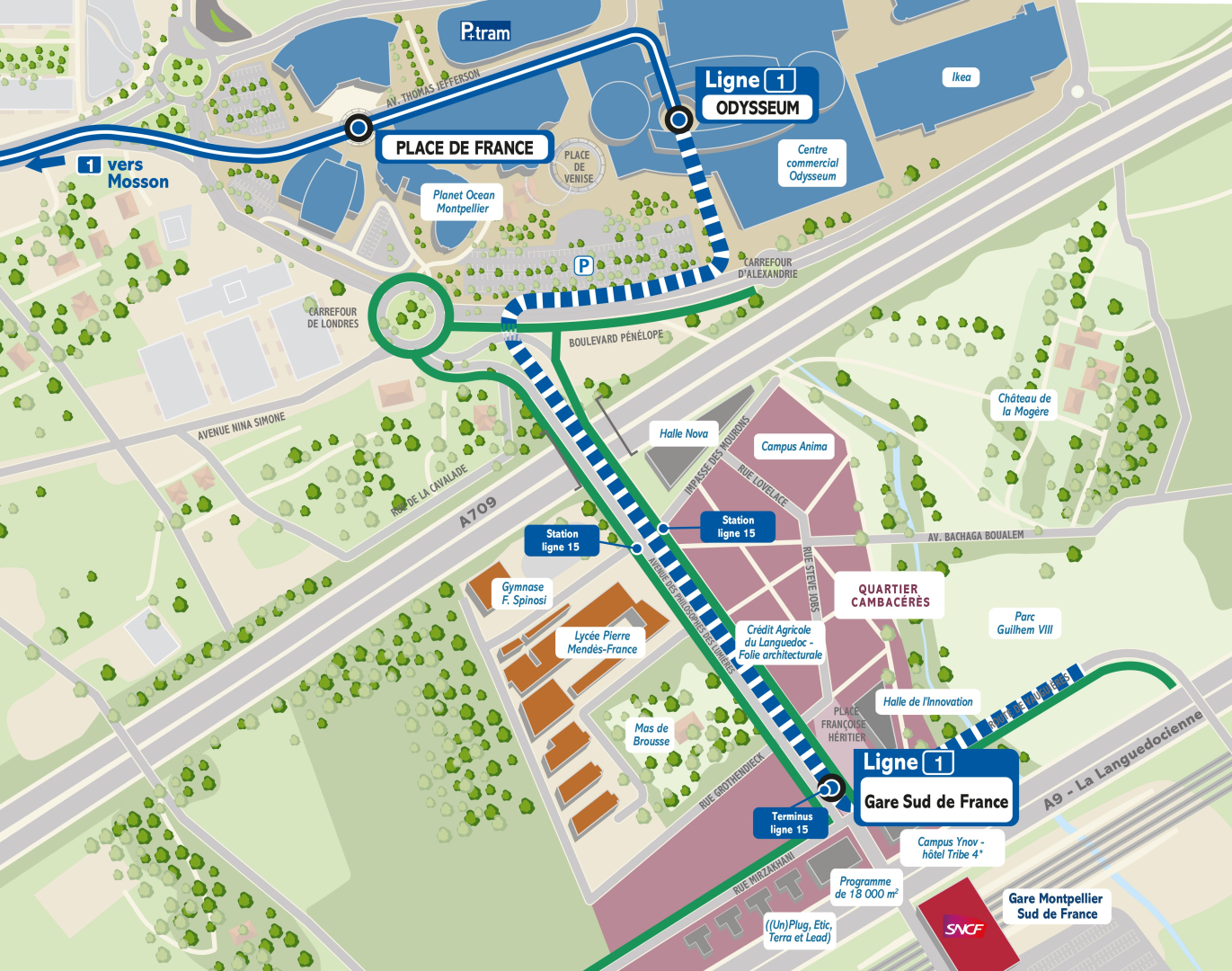 carte du quartier Cambacérès - gare Sud de France avec configuration des lieux et détails des nouveaux transports en commun