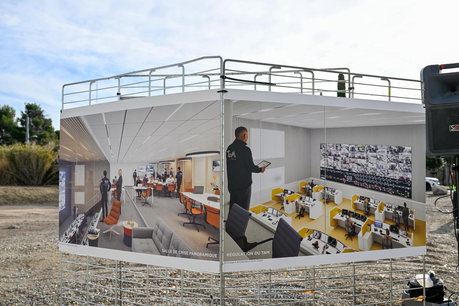 panneaux de perspectives d'architecte de l'intérieur du bâtiment, terrain de chantier, végétation