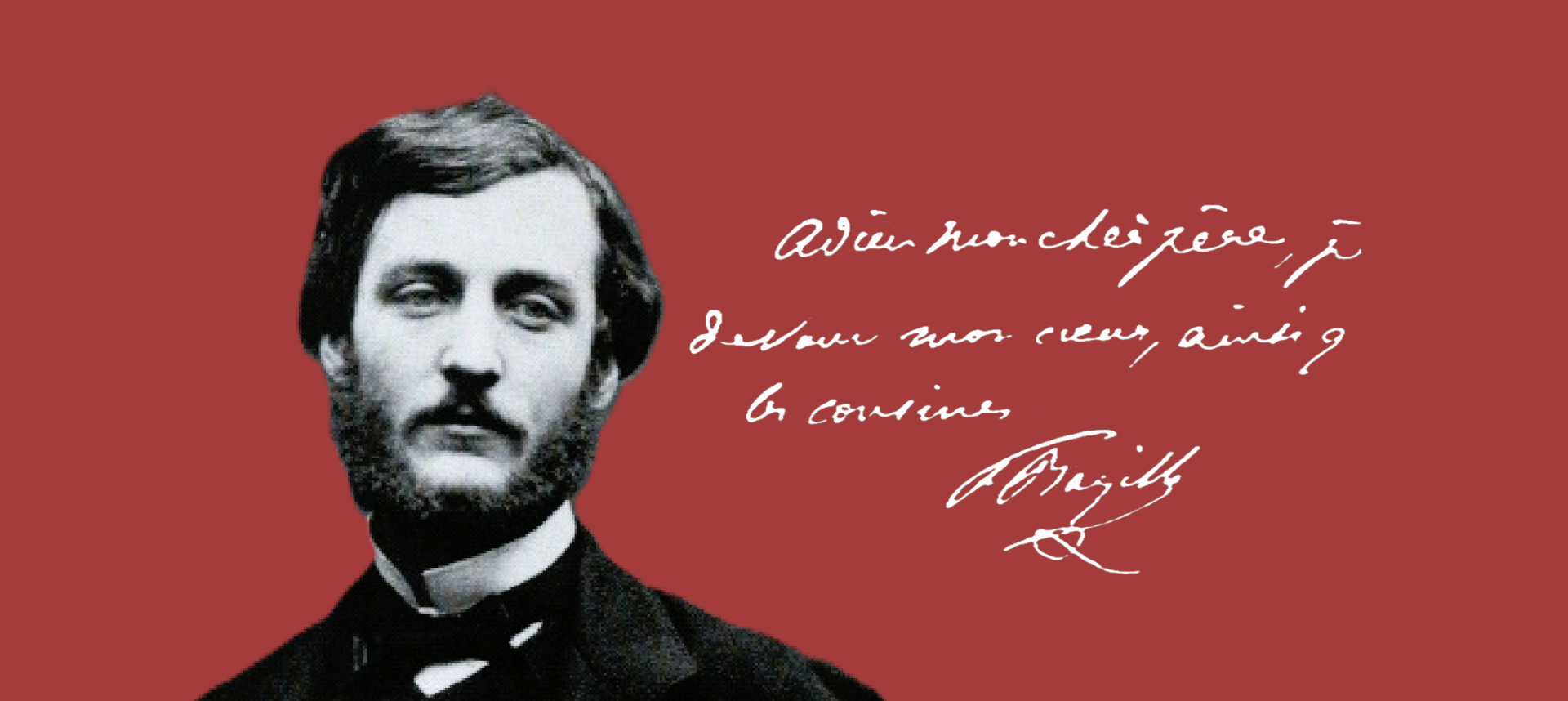 Portrait de Bazille sur fond rouge, avec extrait de son écriture
