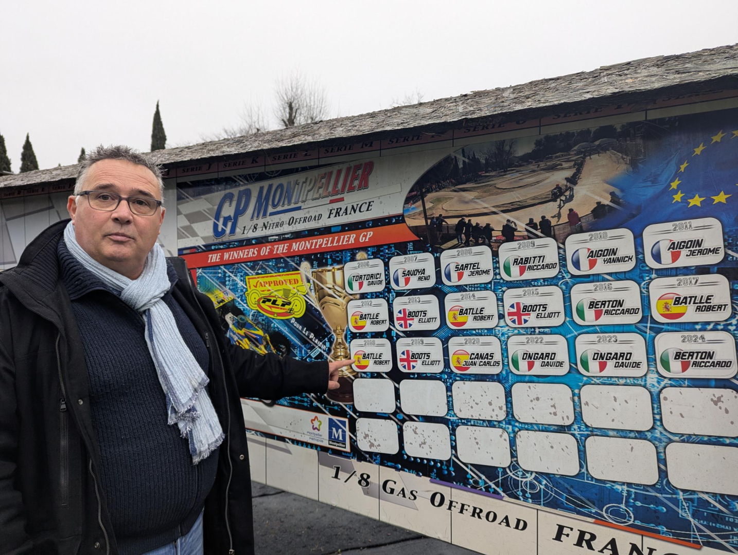 Franck Caizergues, président du MBM devant le tableau des vainqueurs des 20 éditions du Grand prix Montpellier